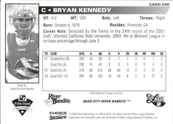 2003 Choice Midwest League All-Stars #30 Bryan Kennedy Back