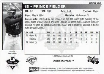 2003 Choice Midwest League All-Stars #35 Prince Fielder Back