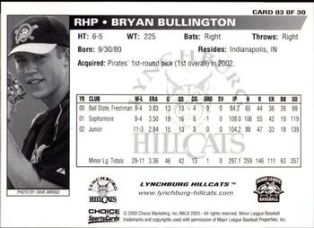 2003 Choice Lynchburg Hillcats #03 Bryan Bullington Back