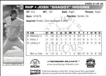 2003 Choice Lynchburg Hillcats #21 Josh Higgins Back