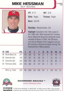 2003 Choice Richmond Braves #13 Mike Hessman Back