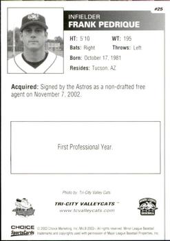 2003 Choice Tri-City ValleyCats #25 Frank Pedrique Back