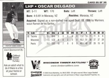 2003 Choice Wisconsin Timber Rattlers #05 Oscar Delgado Back