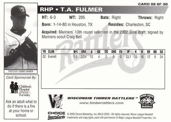2003 Choice Wisconsin Timber Rattlers #08 T.A. Fulmer Back