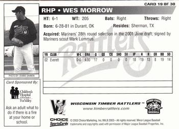 2003 Choice Wisconsin Timber Rattlers #19 Wes Morrow Back