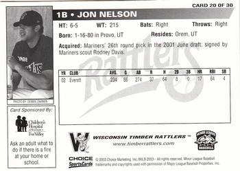 2003 Choice Wisconsin Timber Rattlers #20 Jon Nelson Back