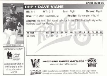 2003 Choice Wisconsin Timber Rattlers #25 Dave Viane Back