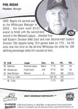 2003 Choice West Michigan Whitecaps #26 Phil Regan Back