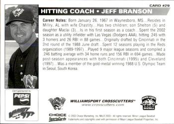 2003 Choice Williamsport Crosscutters #29 Jeff Branson Back