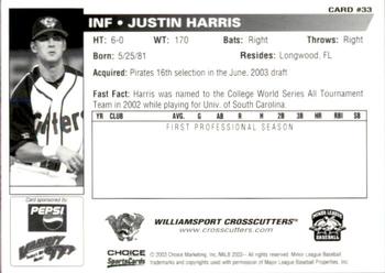2003 Choice Williamsport Crosscutters #33 Justin Harris Back
