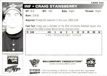 2003 Choice Williamsport Crosscutters #34 Craig Stansberry Back