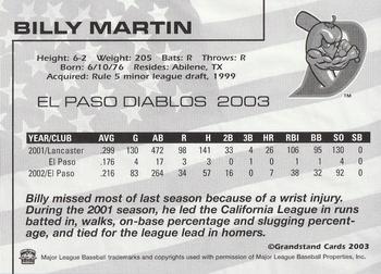 2003 Grandstand El Paso Diablos #NNO Billy Martin Back