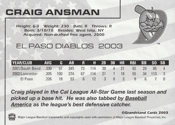 2003 Grandstand El Paso Diablos #NNO Craig Ansman Back