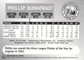 2003 Grandstand Florida State League Top Prospects #NNO Phillip Dumatrait Back
