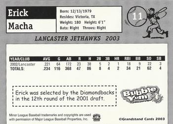 2003 Grandstand Lancaster JetHawks #11 Erick Macha Back