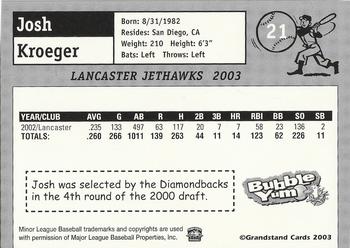 2003 Grandstand Lancaster JetHawks #21 Josh Kroeger Back