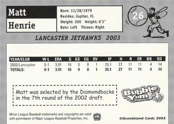 2003 Grandstand Lancaster JetHawks #26 Matt Henrie Back