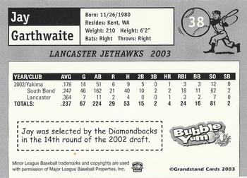 2003 Grandstand Lancaster JetHawks #38 Jay Garthwaite Back