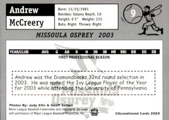 2003 Grandstand Missoula Osprey #9 Andrew McCreery Back