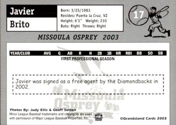 2003 Grandstand Missoula Osprey #17 Javier Brito Back