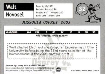 2003 Grandstand Missoula Osprey #32 Walt Novosel Back