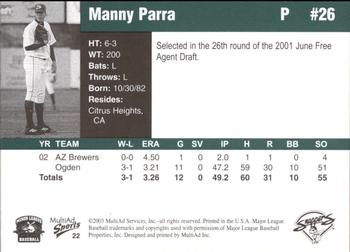 2003 MultiAd Beloit Snappers #22 Manny Parra Back