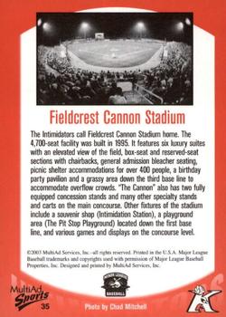 2003 MultiAd Kannapolis Intimidators #35 Fieldcrest Cannon Stadium Back