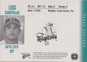 2003 MultiAd Ogden Raptors #21 Luis Castillo Back