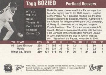 2003 MultiAd Pacific Coast League Top Prospects #7 Tagg Bozied Back