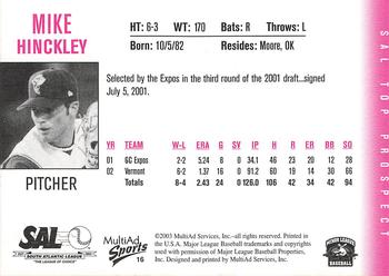 2003 MultiAd South Atlantic League Top Prospects #16 Mike Hinckley Back