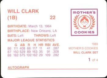 1989 Mother's Cookies Will Clark #1 Will Clark Back