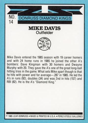 1986 Donruss - Super Diamond Kings #14 Mike Davis Back