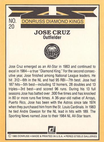 1985 Donruss Super Diamond Kings #20 Jose Cruz Back