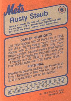 1984 New York Mets MVP Club #6 Rusty Staub Back