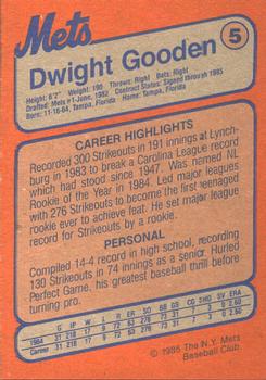 1985 New York Mets Super Fan Club #5 Dwight Gooden Back