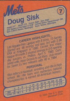 1985 New York Mets Super Fan Club #7 Doug Sisk Back