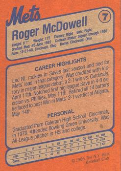 1986 New York Mets Super Fan Club #7 Roger McDowell Back