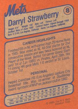 1986 New York Mets Super Fan Club #8 Darryl Strawberry Back