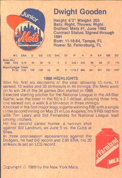 1989 New York Mets Junior Mets Club #NNO Dwight Gooden Back