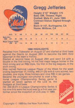 1989 New York Mets Junior Mets Club #NNO Gregg Jefferies Back