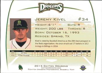 2015 Dayton Dragons #NNO Jeremy Kivel Back