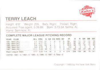 1988 Kahn's New York Mets SGA #NNO Terry Leach Back