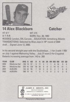 2003 Auburn Doubledays #14 Alex Blackburn Back