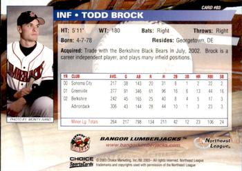 2003 Choice Bangor Lumberjacks #03 Todd Brock Back