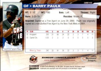 2003 Choice Bangor Lumberjacks #13 Barry Paulk Back