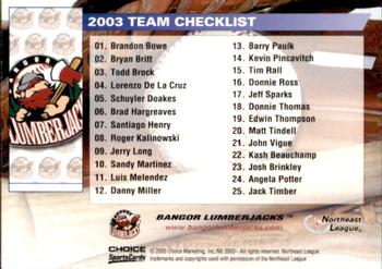 2003 Choice Bangor Lumberjacks #NNO Checklist Back