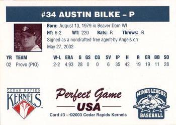 2003 Perfect Game Cedar Rapids Kernels #3 Austin Bilke Back