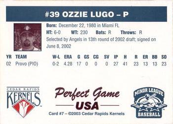 2003 Perfect Game Cedar Rapids Kernels #7 Ozzie Lugo Back