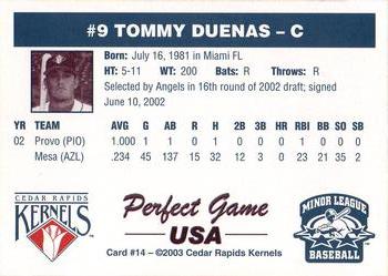 2003 Perfect Game Cedar Rapids Kernels #14 Tommy Duenas Back