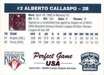 2003 Perfect Game Cedar Rapids Kernels #18 Alberto Callaspo Back